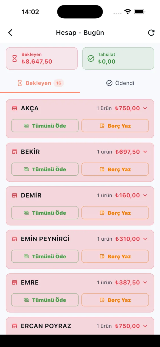 Hesap & Tahsilat — Bekleyen ve ödenen hesaplar, tümünü öde ve borç yaz.