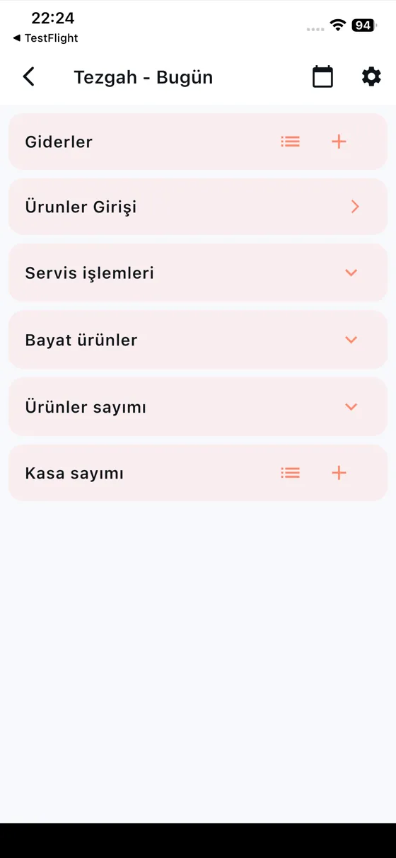 Tezgah — Gider, ürün girişi, servis işlemleri ve kasa sayımı.