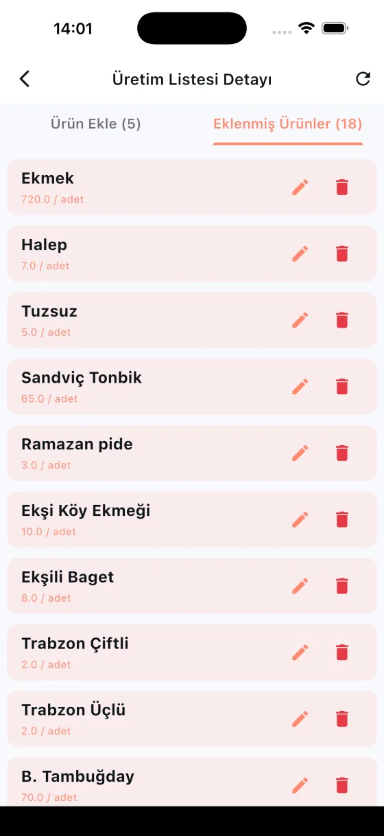 Üretim Girişi — Eklenen ürünler, miktarlar ve tek dokunuşla düzenleme.