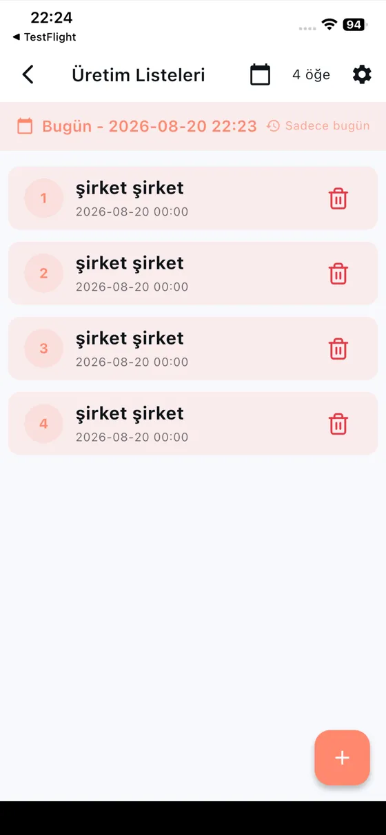 Üretim Listeleri — Güne göre üretim listeleri; sadece bugünü filtreleyin.