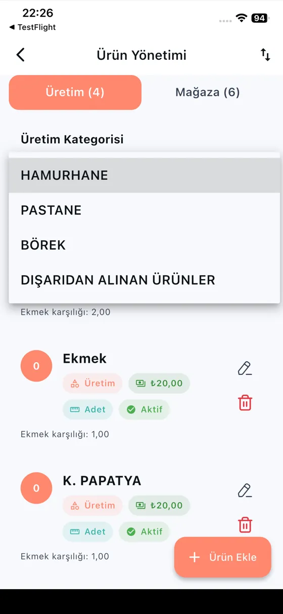 Ürün Yönetimi — Üretim ve mağaza ürünleri, fiyat ve ekmek karşılığı.