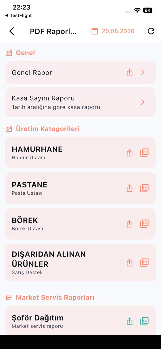 PDF rapor ekranı: genel rapor, kasa sayım raporu, üretim kategorisi raporları ve market servis raporları