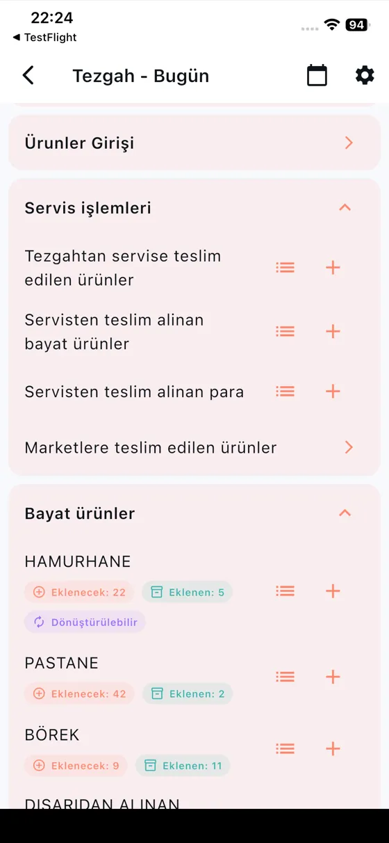Servis İşlemleri — Teslim edilen ürünler, bayat iadeler ve teslim alınan para.